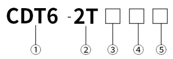 CDT6-2T ordering diagram identifying dual-delay series, two contacts, current rating and supply