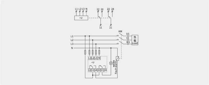CDV6 two-changeover terminal diagram and contactor with fault alarm wiring